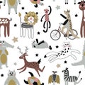 Seamless pattern. Cute cartoon. Wild animals. White background. Royalty Free Stock Photo